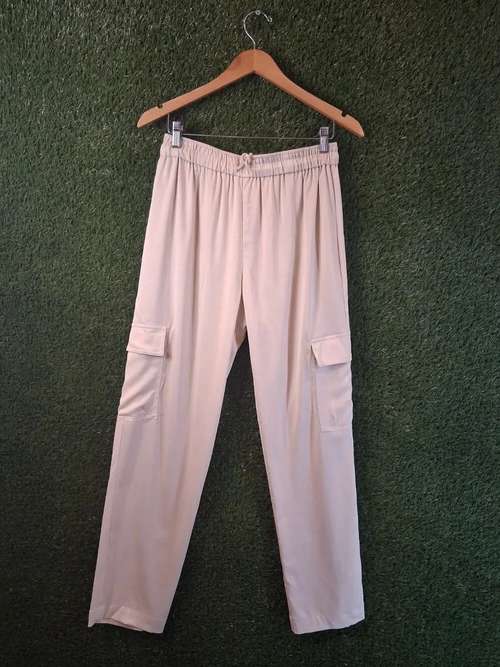 WAYF Layla Cargo Pants Beige Slinky Twill Wide Leg High Rise Drawstring Size M